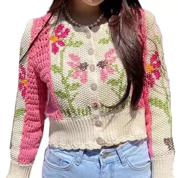 Floral cardigan pink sweater crochet style look knit cream beige - Picture 6 of 8